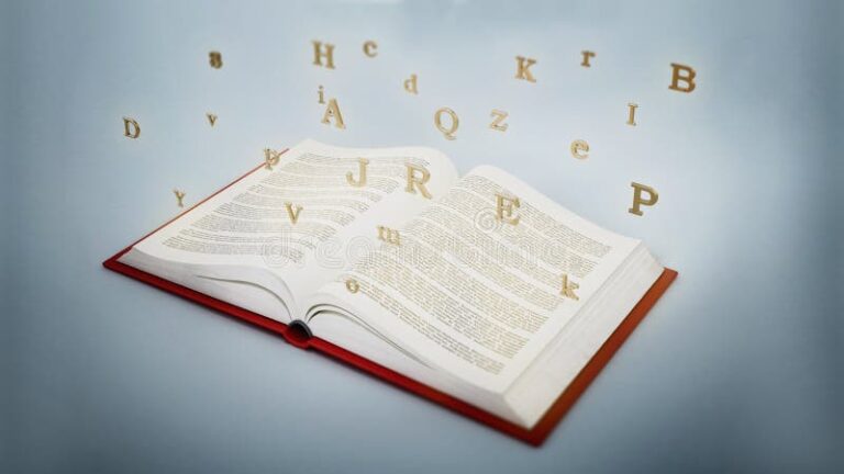 libros abiertos con palabras flotantes