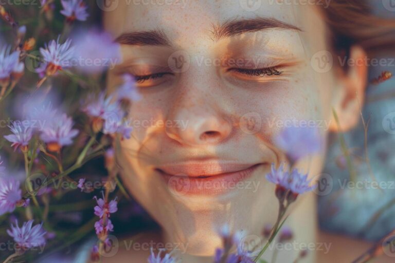 mujer sonriente rodeada de naturaleza