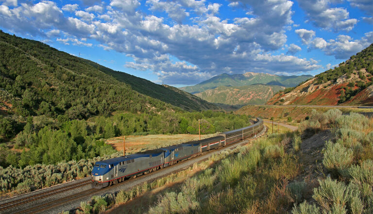 viaje en tren con paisaje de fondo
